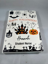 Load image into Gallery viewer, Halloween A5 Nursing/medical notebook. Pocket sized so ideal for placements. Nurse, midwife, doctor, medical staff