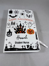 Load image into Gallery viewer, Halloween A6 Nursing/medical notebook. Pocket sized so ideal for placements. Nurse, midwife, doctor, medical staff
